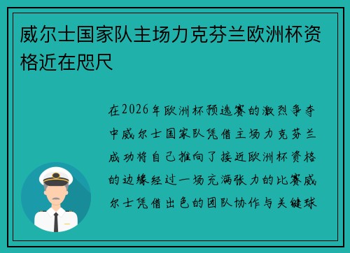 威尔士国家队主场力克芬兰欧洲杯资格近在咫尺