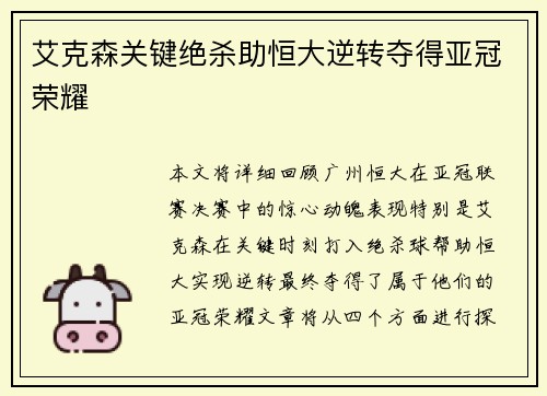 艾克森关键绝杀助恒大逆转夺得亚冠荣耀