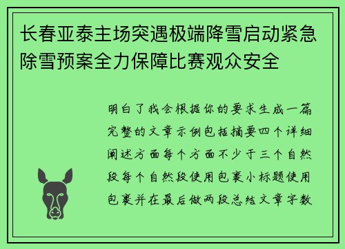 长春亚泰主场突遇极端降雪启动紧急除雪预案全力保障比赛观众安全 长春亚泰主场突遇极端降雪启动紧急除雪预案全力保障比赛观众安全